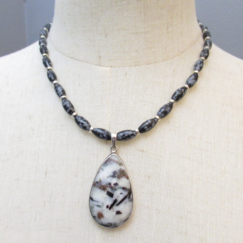 Astrophyllite And Snowflake Obsidian Necklace 80$